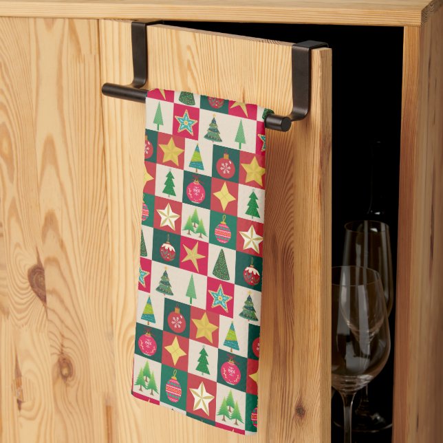 Trees Ornaments and Stars Christmas Collage Tea Towel (Thirds Fold)