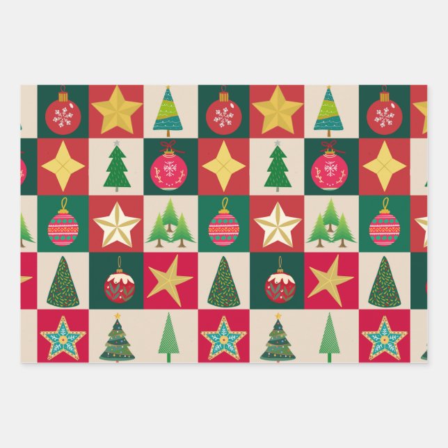 Trees Ornaments and Stars Squares Wrapping Paper Sheet (Front)