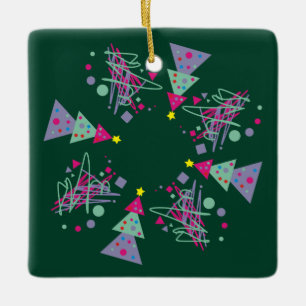 Trees Purple Pink Teal Shapes Green Red Christmas Ceramic Ornament