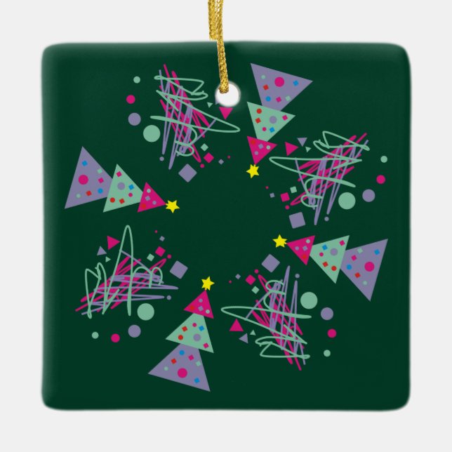 Trees Purple Pink Teal Shapes Green Red Christmas  Ceramic Ornament (Front)
