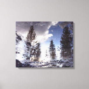 Trees reflecting in rain puddle water canvas print