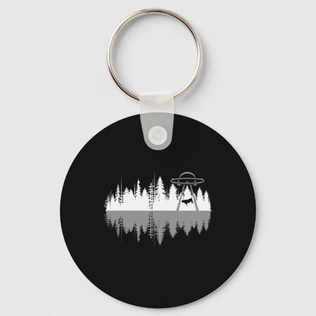 Trees Reflection Spaceship Alien Abduction Of Cow  Key Ring (Front)