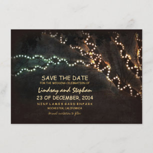 Trees & string of lights rustic save the date card
