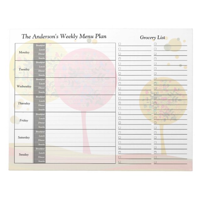 Trees Weekly Personalised Menu Plan Notepad (Front)