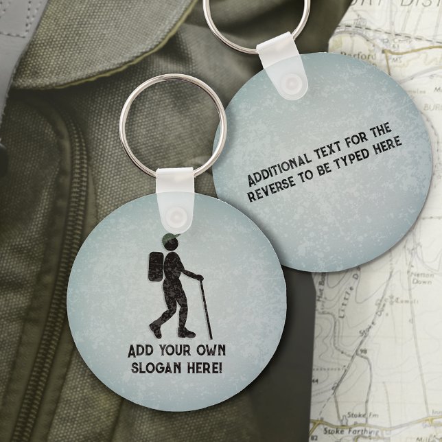 Trek and Hike Themed Walking Guy, your own text on Key Ring (Creator Uploaded)