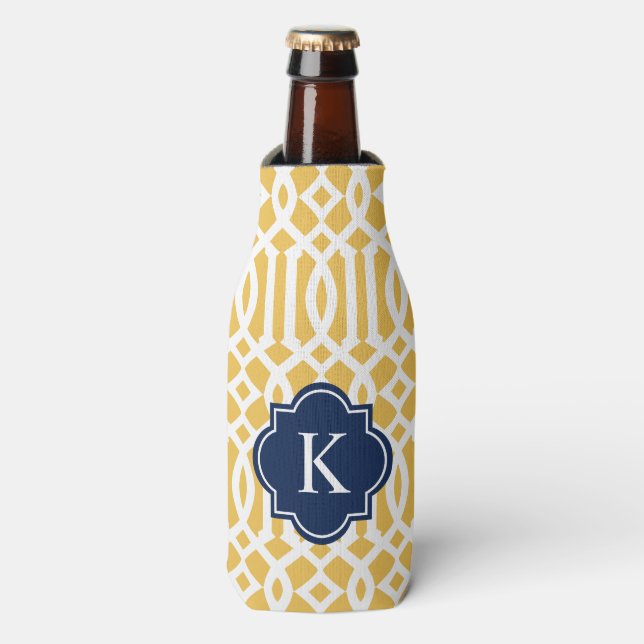 Trellis in Navy & Yellow | Bottle Cooler (Bottle Front)