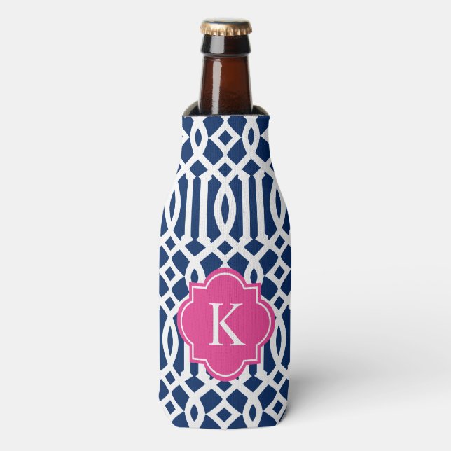 Trellis in Pink & Navy | Bottle Cooler (Bottle Front)