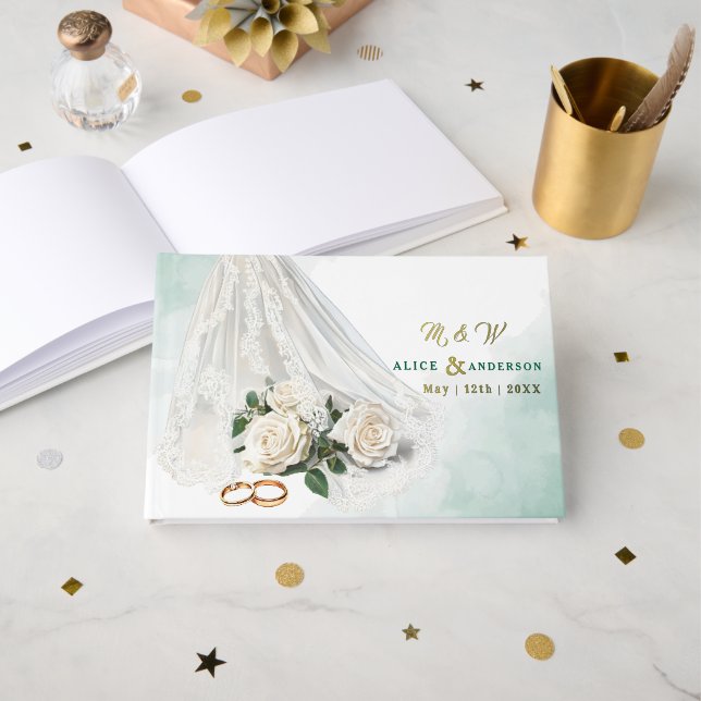 Trenby Bride Veil Green Wedding Guest Book (Front Open)