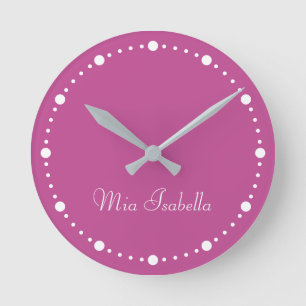 Trend Colour Berry Pink White Dots Name Round Cloc Round Clock