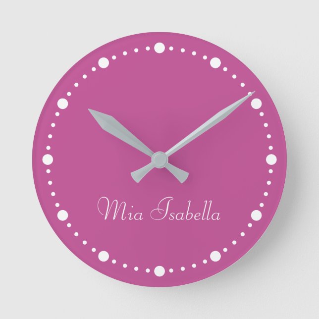 Trend Colour Berry Pink White Dots Name Round Cloc Round Clock (Front)