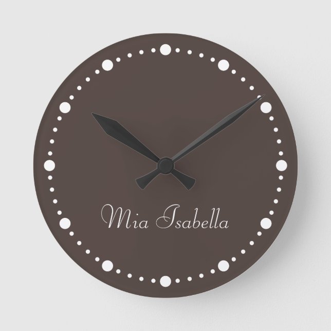 Trend Colour Coffee Brown White Dots Round Clock (Front)