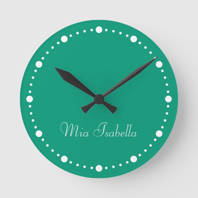 Trend Colour Jade Green White Dots Name Round Cloc Round Clock (Front)