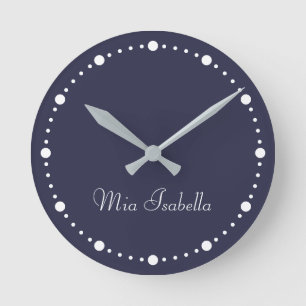 Trend Colour Navy Blue  White Dots Name Round Cloc Round Clock