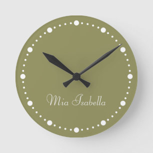 Trend Colour Olive Green White Dots Round Clock