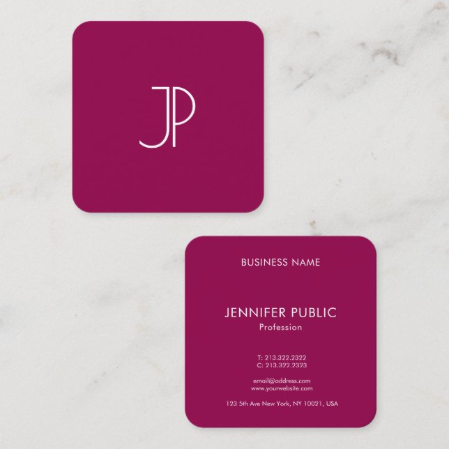 Trend Colour Viva Magenta Elegant Monogram Templat Square Business Card (Front/Back)