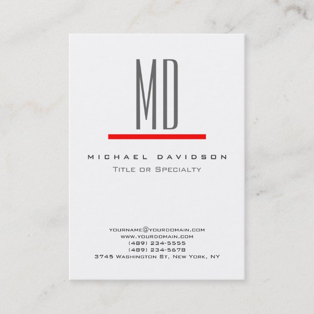 Trend Grey Monogram White Red Chubby Business Card (Front)