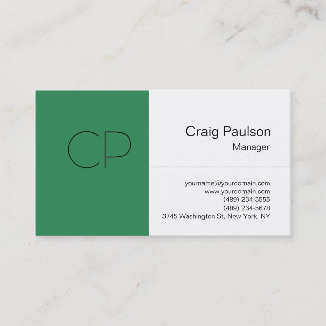 Trend Sea Green White Monogram Business Card (Front)