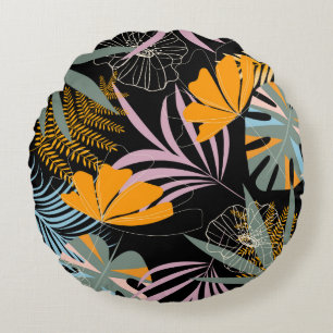 Trend seamless tropical pattern with bright leaves round cushion