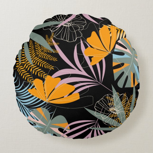 Trend seamless tropical pattern with bright leaves round cushion (Front)