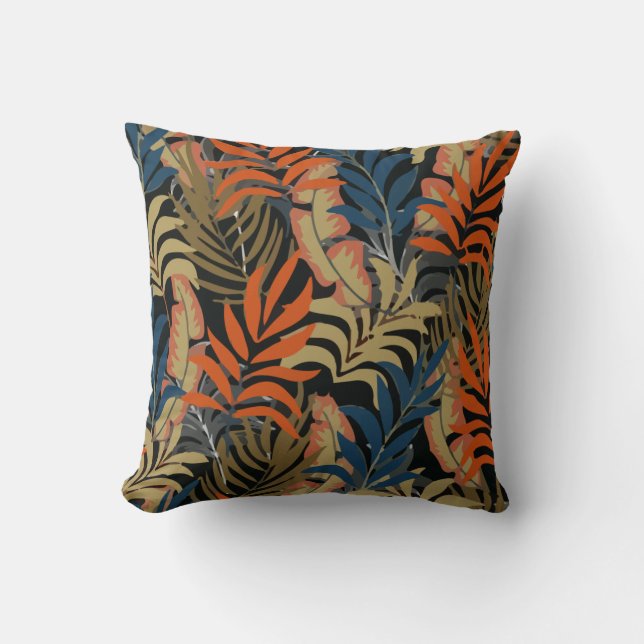Trend Tropical Pattern Orange Blue Plants Leaves Cushion (Front)