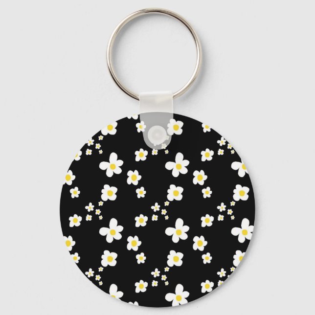 Trending daisy pattern black yellow white, modern key ring (Front)