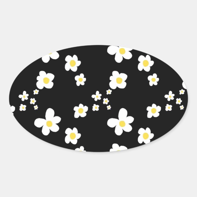 Trending daisy pattern black yellow white, modern oval sticker (Front)