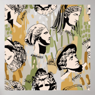 Trending Greek Gods Art Portrait Seamless Pattern. Poster