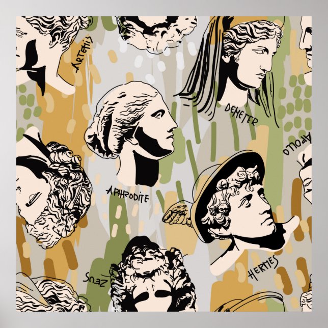 Trending Greek Gods Art Portrait Seamless Pattern. Poster (Front)
