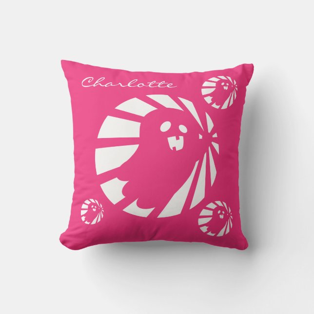 Trending Halloween Cute Pink Fuchsia & White Ghost Cushion (Front)