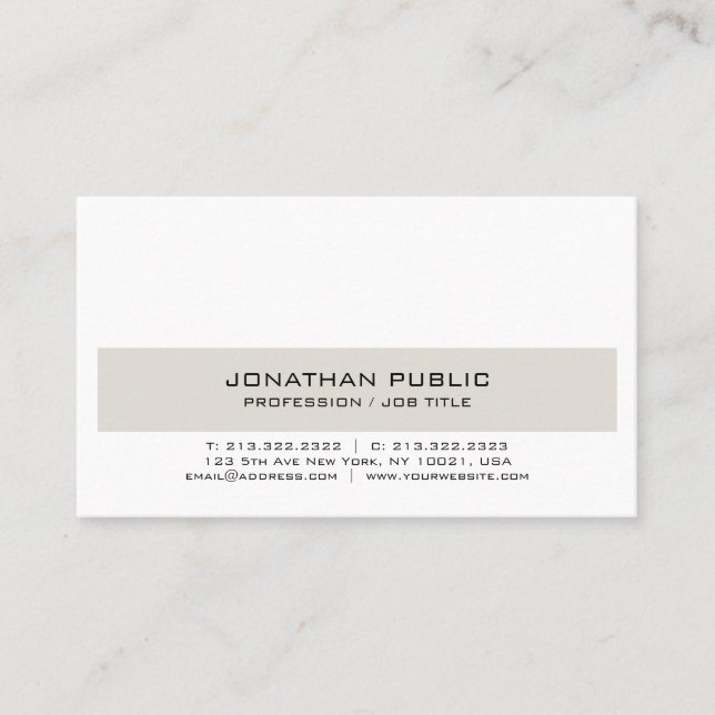 Trending Modern Elegant Beige White Clean Chic Business Card (Front)