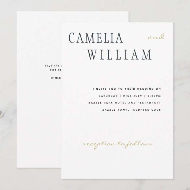 Trending Modern Wedding Midnight Blue Gold Text Invitation (Front/Back)