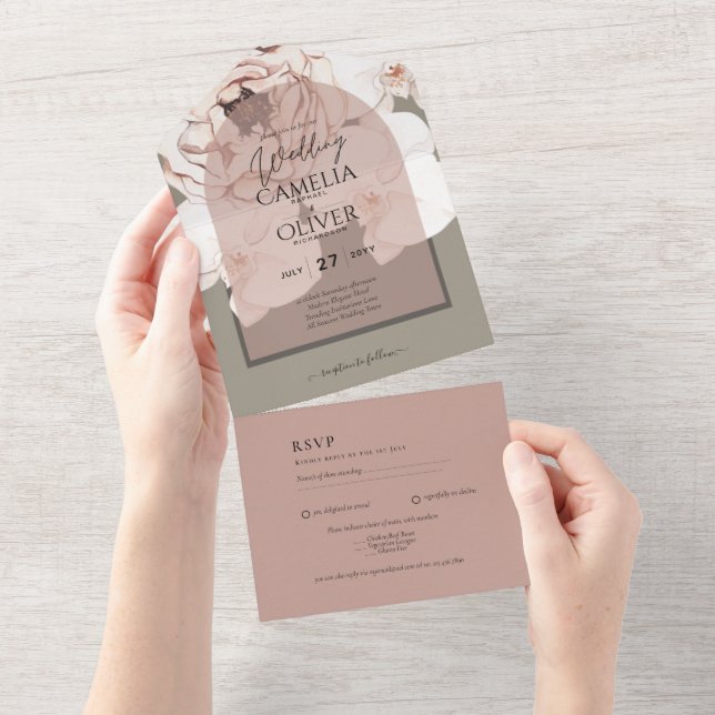 Trending MOSS BLUSH WEDDING Sage Dusty Pink All In One Invitation (Tearaway)