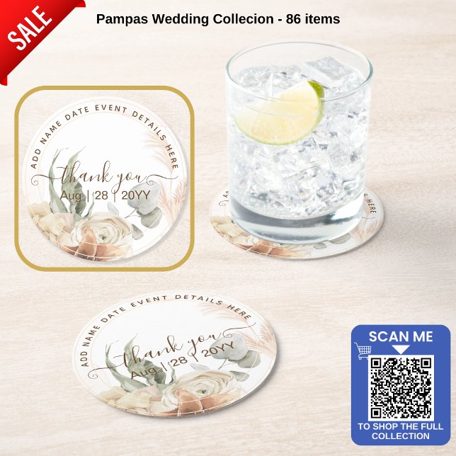 Trending Terracotta Pampas Grass Wedding Round Paper Coaster (Creator Uploaded)