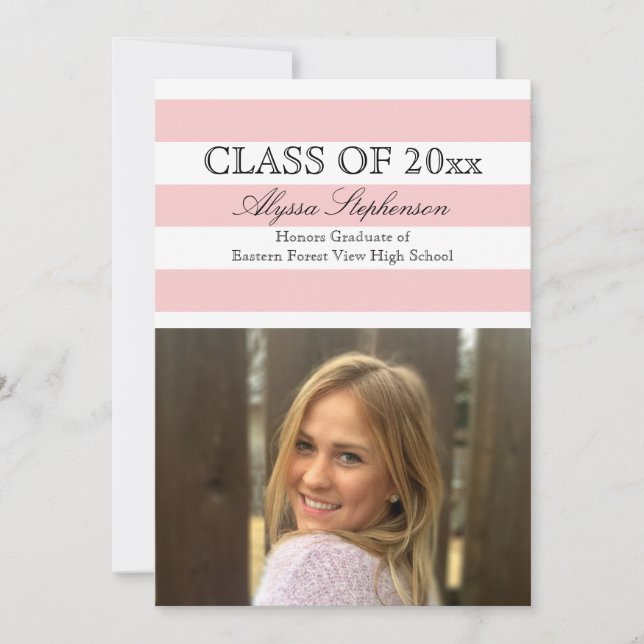 Trendsetter Pink Stripe Photo Graduation Invitation (Front)