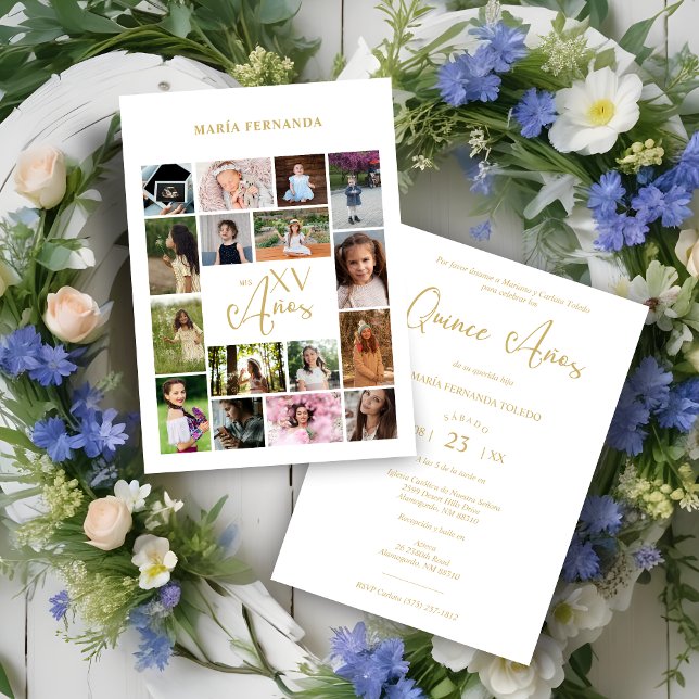 Trendy 16 Photos Collage Timeline Life Mis XV Años (rendy Collage 15 Años 16 Photos Spanish Quinceañera Timeline Life Invitations Cards.)