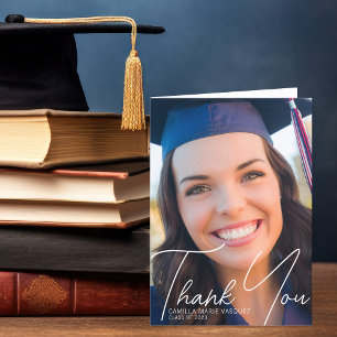 Trendy 2023 Graduate Photo White Script Overlay Thank You Card