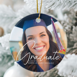 Trendy 2023 Graduation 2 Photo Custom Christmas Ceramic Tree Decoration