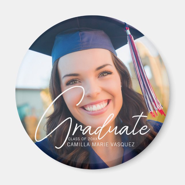 Trendy 2023 Graduation Photo White Script Custom Magnet (Front)
