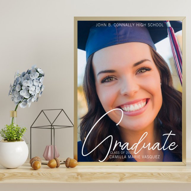 Trendy 2023 Graduation Photo White Script Party Poster (Creator Uploaded)