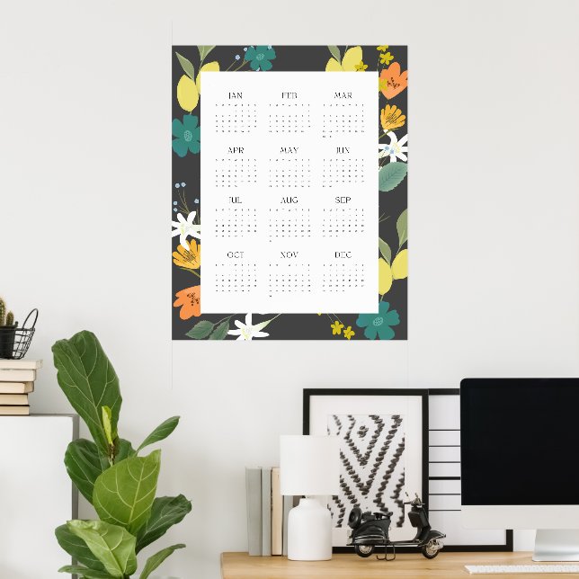 Trendy 2025 Charcoal Wildflower 12 Month Calendar Poster (Home Office)