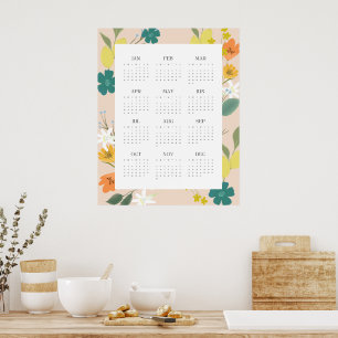Trendy 2025 Peachy Wildflower 12 Month Calendar Poster