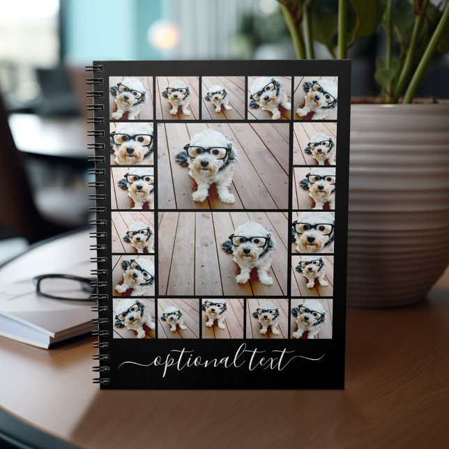 Trendy 20 Photo Collage Script Name White Black Notebook (Personalized notebook with photos and text)