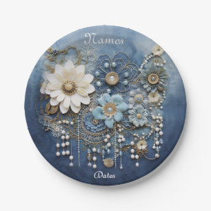 Trendy 3-D Blue Denim Print with Costume Jewellery Paper Plate