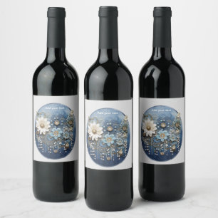 Trendy 3-D Blue Denim Print with Costume Jewellery Wine Label