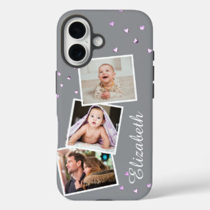 Trendy 3-image Grey w/ Hearts iPhone 16 Case