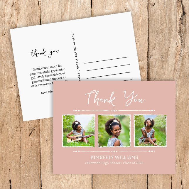 Trendy 3 Photo Collage Graduation Thank You Postcard (Creator Uploaded)