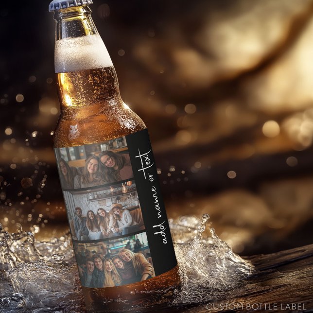 Trendy 3 Photos black & white modern script name Beer Bottle Label (Custom Beer Bottle Label - Photo Label)