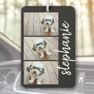 Trendy 3 Photos black & white modern script name Car Air Freshener