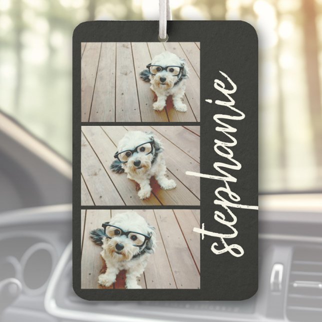 Trendy 3 Photos black & white modern script name Car Air Freshener (Custom Air Freshener with Photo Collage)