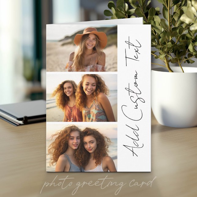 Trendy 3 Photos black & white modern script name Card (Photo Greeting Card)